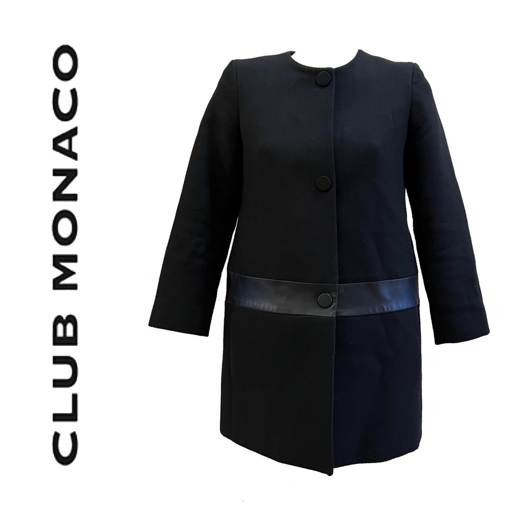 CLUB MONACO wool blend with leather detail coat in black